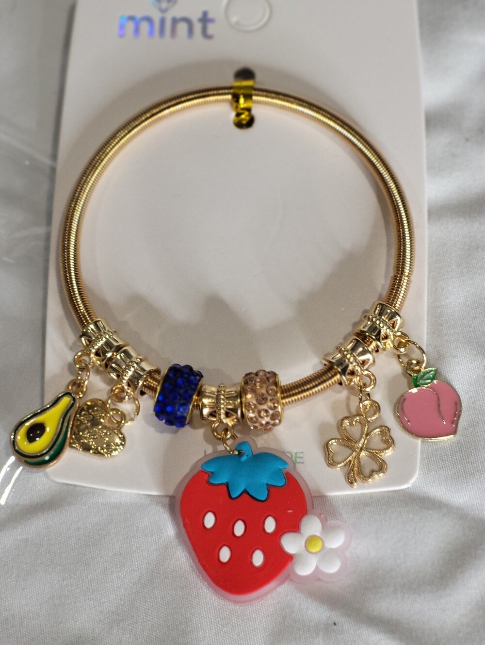 Mint Gold-Tone Fruit Charm Bracelet with Red Strawberry & Pink Peach